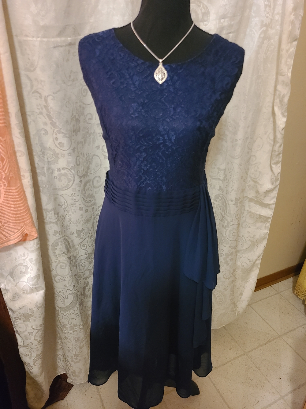 Navy Lace Bodice A-Line Evening Dress